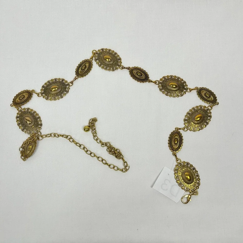 Vintage Ornate Gold-Tone Concho Chain Belt – Western Boho Waist Accent